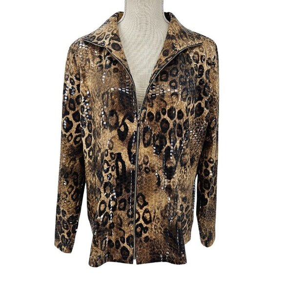 Misook Leopard Print Zip Up Jacket Brown Women’s Size L Preppy Boxy Animal Print - Picture 1 of 11